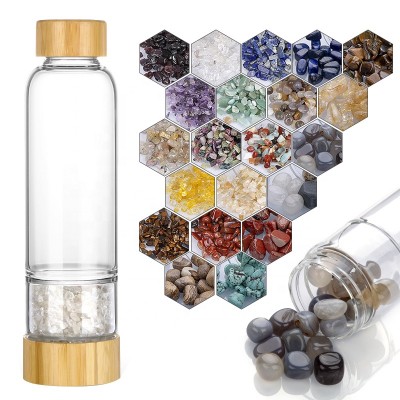 Bamboo Lid Crystal Water Bottle, BPA Free Gemstone Infused Bottle,Healing Crystal Gravel Glass Water Bottle