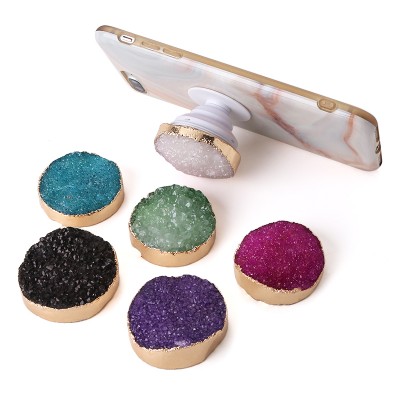 natural stone blank mobile phone game holder accessories gemstone grip keypad colorful druzy quartz phone grip with gold rim