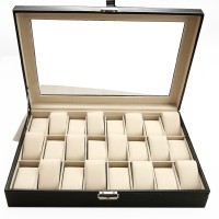 Custom glass cover 24 slots watch packaging box black fine leather watch box case