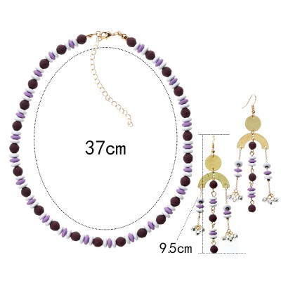 Purple Enamel Tile Bead Necklace White Small Tile Beaded Women Earrings Set